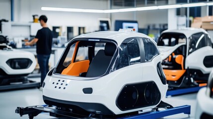 Fototapeta premium A robotics engineer working on autonomous vehicles, high-tech lab with robotic vehicle prototypes and AI software visible, High-tech style