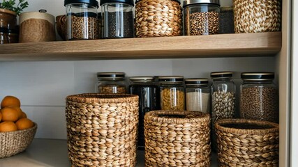 A clean arrangement of curated pantry baskets styled for luxury storage services. - Powered by Adobe