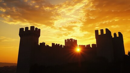 Obraz premium The sight of a castle at sunset, with its towers silhouetted against a golden sky, evokes a sense of timelessness and grandeur, drawing visitors into its rich history.