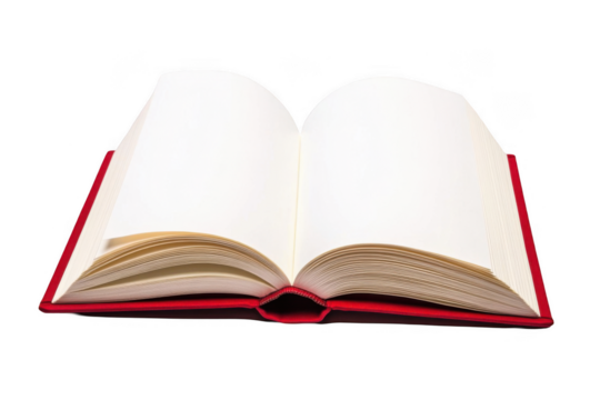 An open book with blank pages on a white background, with a red cover, png