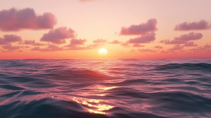 The sky glowing with shades of pink and orange as the sun sets behind the ocean, with the gentle waves lapping at the shore, creating a soothing and calming scene.