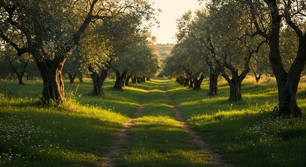 Fototapeta premium Walking Through Olive Grove on Dirt Path During Golden Hour Light
