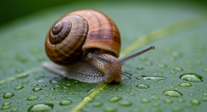 Snail Crawling on Dewy Green Leaf Macro Photography