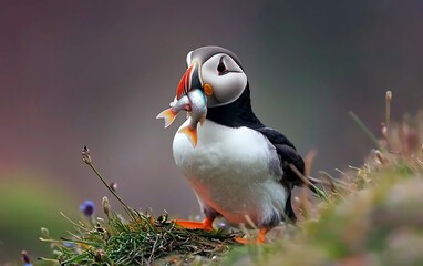 Atlantic puffin carrying fish, coastal cliff, blurred background, wildlife photography
