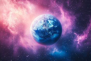Fototapeta premium A stunning depiction of Earth surrounded by a colorful cosmic nebula, showcasing the beauty of our planet in space.