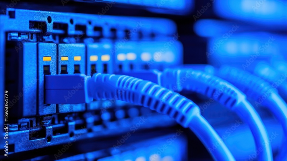 Fototapete Close-Up View of Ethernet Cables Connected to Network Switch in Data Center with Blue Lighting