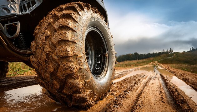 large muddy tire of an all terrain vehicle on a wet dirt road