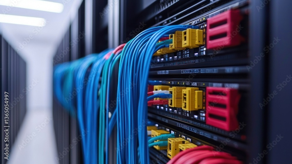 Poster colorful cables and network equipment in modern data center for technology and connectivity