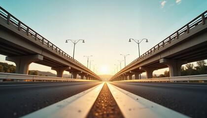 Highway overpass perspective at sunset, journey symbolism