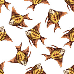 Seamless pattern with colored hand drawn tropical fish in yellow and orange colors in vintage style