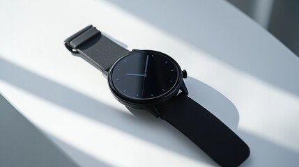 Modern black smartwatch on white surface, showing time. Potential use for tech product catalog or review
