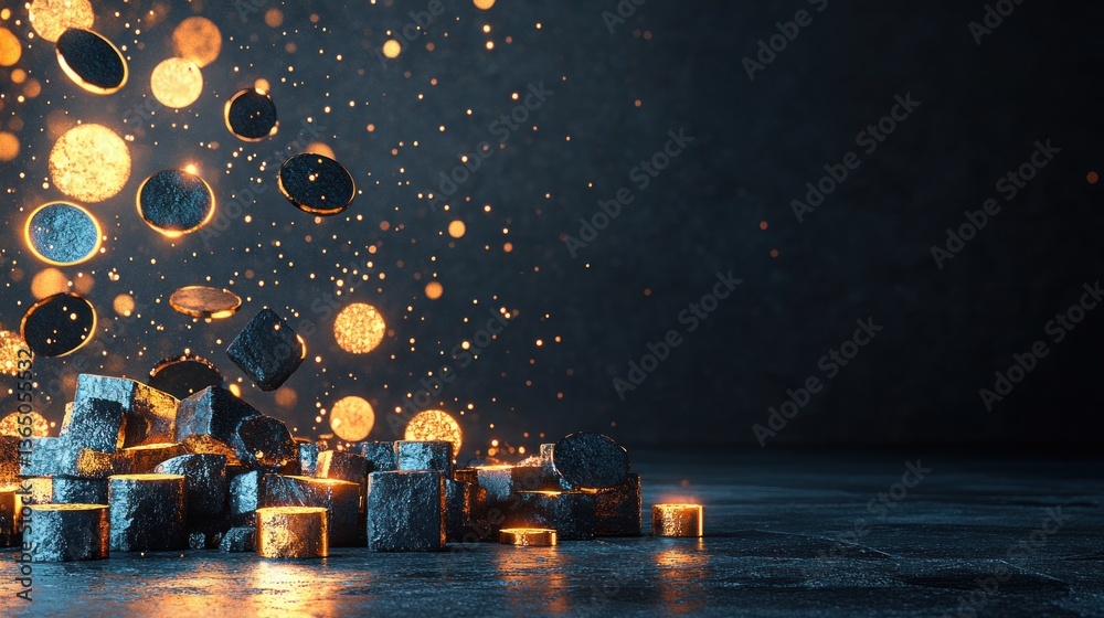 Poster Dynamic Explosion of Glowing Coins and Metallic Cubes in Dark Environment with Sparkling Lights
