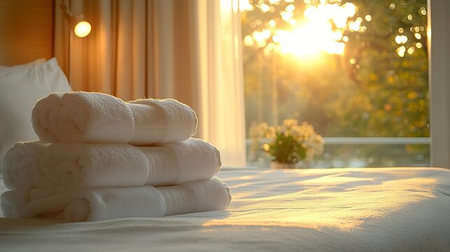 Sunlight shines through a window into a hotel room with white towels on a bed, creating a cozy and inviting atmosphere for summer vacation guests.