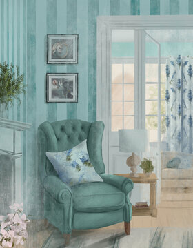 an illustration of a cozy living room interior in a house in blue tones with a sofa, armchair, pillows, floral curtains and a large window
