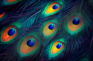 Obraz premium Vibrant neon peacock feathers display boldly on dark backdrop, inspiring artistic expression and visual elegance