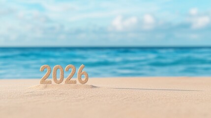 Sand numbers represent the year 2026 on a tranquil beach with clear blue ocean and clouds in the background during a sunny summer day