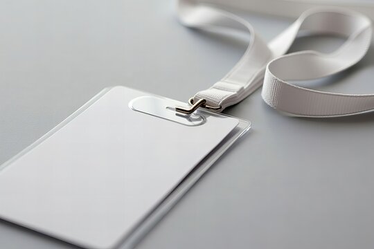 Close-up shot of a plastic badge featuring an ID card and white ribbon.