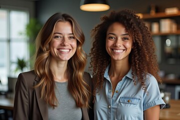 Fototapeta premium A joyful moment at a marketing agency startup: A business woman designer and an intern share smiles in the workplace.