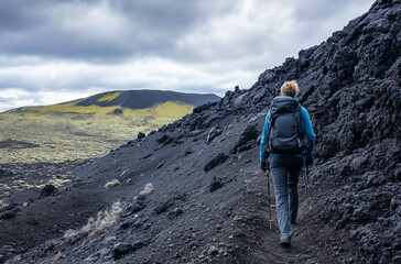 Fototapeta premium Adventurous hike through the obsidian volcanic ridge offers breathtaking views and thrilling rugged natural exploration