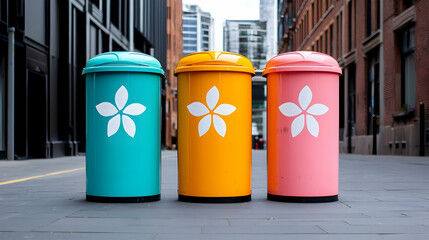 Colorful Recycling Bins on City Sidewalk