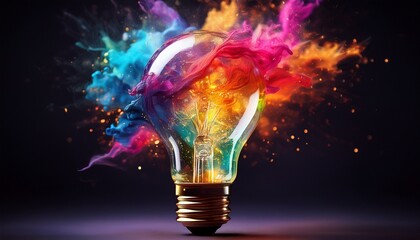 light bulb exploding with colorful smoke and glitter showing creativity and innovation