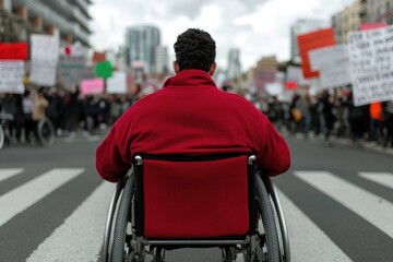 Obraz premium Individual in wheelchair facing crowd at protest, showcasing res