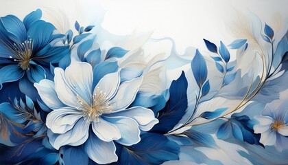 a blue and white flower painting with a white background