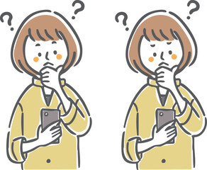 スマホを持って疑問を持つ若い女性のイラスト　上半身　ベクター