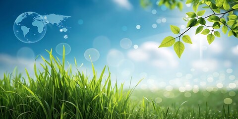 Fototapeta premium Nature Background with Green Grass, Blue Sky, and Global Connection Theme