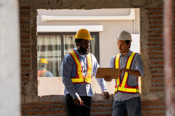 Construction engineers supervising progress of construction project. engineering or worker in safety vest observing a building. worker, Architecture, engineer, architect wearing safety helmet meeting.