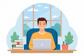 Fototapeta premium Young Man Working Remotely on Laptop, Online Education and Digital Learning 