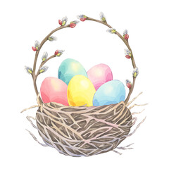 Watercolor bird's nest with colored easter eggs and catkin on a white background. Willow branch spring decor. Festive hand-drawn composition. Illustration perfect for greeting cards