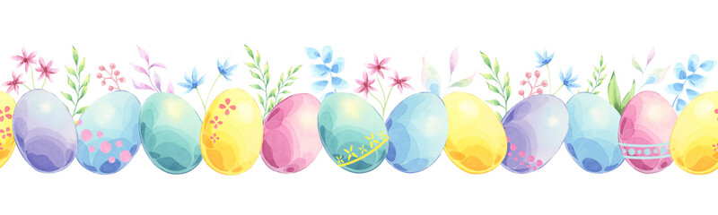 Spring easter seamless border of colorful eggs, flowers and twigs in watercolor technique
