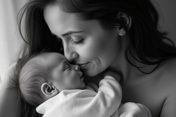 Fototapeta premium A tender black and white moment of maternal love between mother and newborn.