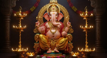 Majestic Lord Ganesha idol in a beautifully lit temple with an intricate backdrop.