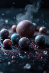 Naklejka premium Various colorful spherical objects scatter across a dark surface, glimmering with iridescent hues. Smoke rises gently, enhancing the mystical atmosphere of the scene