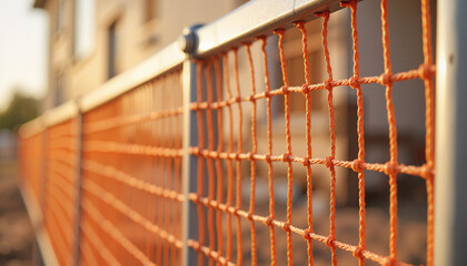 Close-up of orange mesh barrier sagging at renovation site, construction safety