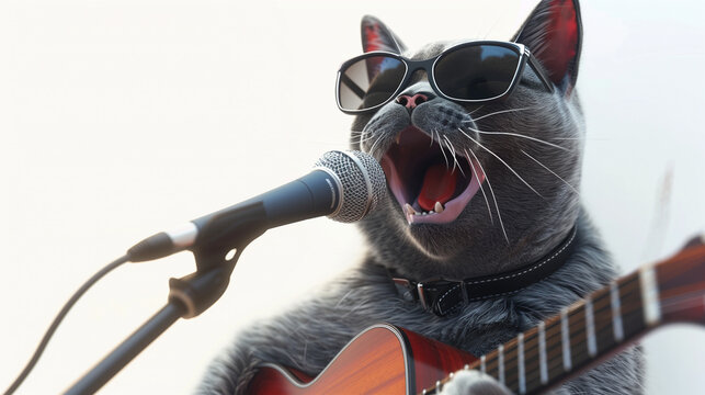 A gray cat unicorn in sunglasses with a microphone is singing a song with a guitar player. White background. Isolated