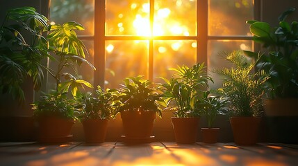 Sunlight streams through a large window, illuminating potted plants in a modern minimalist interior, creating a tranquil and eco-conscious atmosphere.