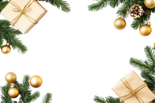 Christmas border with gift boxes, fir branches, and golden baubles on a white background, png