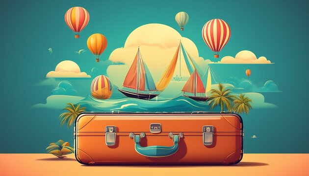 global travel adventure hot air balloons sailboat suitcase camera journey exploration wanderlust vacation tropics summer fun