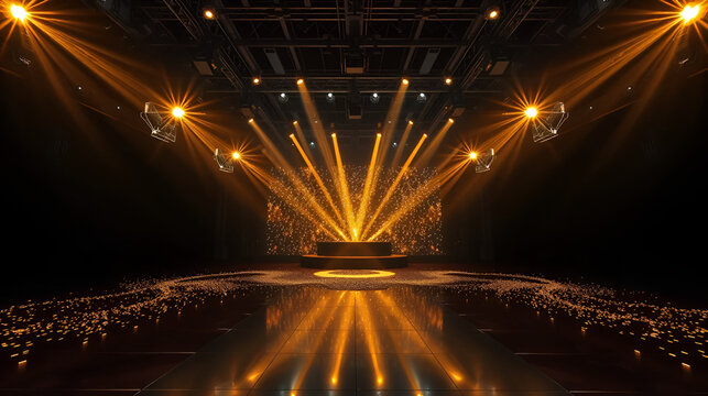 elegant event illumination, golden beam array, sparkling particle field, glossy floor highlights, dark luxury environment, dramatic uplight effects, prestigious venue ambiance