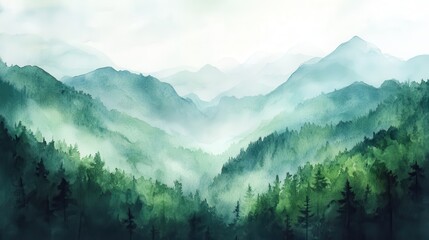 Obraz premium Watercolor of landscape forest misty mountains horizon and fog and hills,pine tree fir tree,Autumn forest background,drawn by hand,Autumn illustration design elements for landscape,wallpaper.