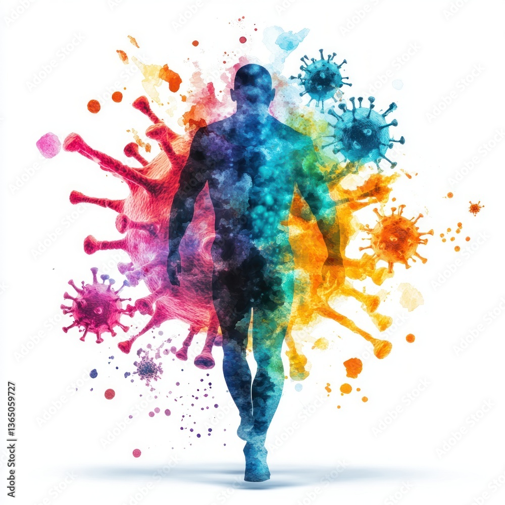 Aufkleber abstract representation of a human figure surrounded by colorful virus particles and splashes