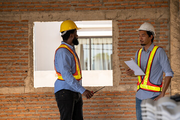 Construction engineers supervising progress of construction project. engineering or worker in safety vest observing a building. worker, Architecture, engineer, architect wearing safety helmet meeting.