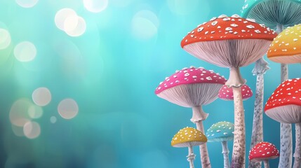A magical fairyland with towering psychedelic mushrooms in rainbow hues, Forest psychedelic mushrooms drawing
