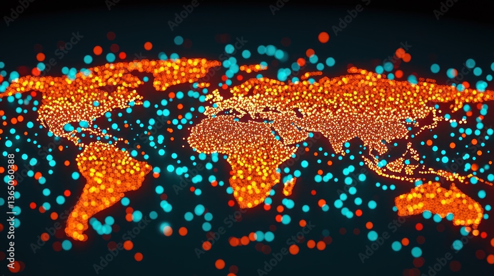 Aufkleber colorful abstract world map with blue and orange dots on dark background for design projects