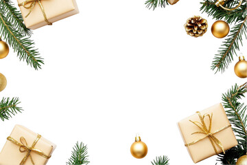 Obraz premium Christmas border with gift boxes, fir branches, and golden baubles on a white background, png