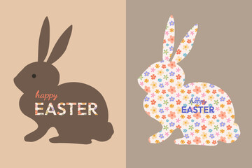 Fototapeta premium Silhouette of a rabbit with a floral pattern and text. Cute vector spring illustration in flat style. Template for design of holiday cards, banners, invitations, other digital and printed products.