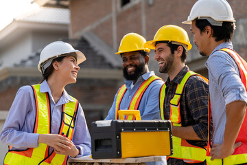 construction, workers. A team of construction engineers talks to managers and construction workers at the construction site. Quality inspection, work plan, home and industrial building design project